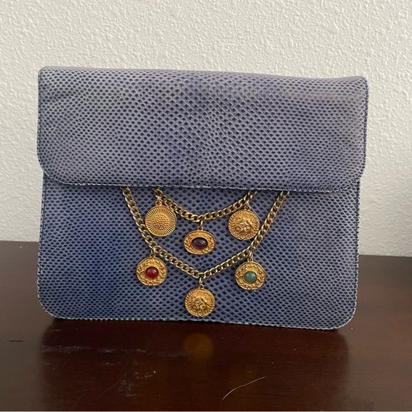 Rare⭐️ Vintage 1980s Judith Leiber Blue Lizard and Gold Charm Handbag (no strap) - Picture 3 of 14